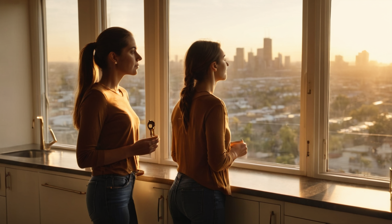 Two women stand in a kitchen, gazing out the window at a cityscape, with one holding a key and the other a cup.