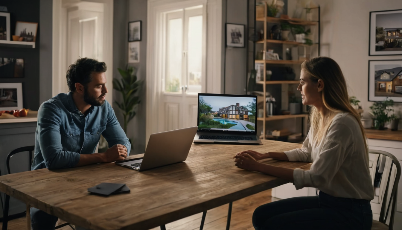 A man and woman sit at a table, with the woman's laptop displaying a house on its screen.