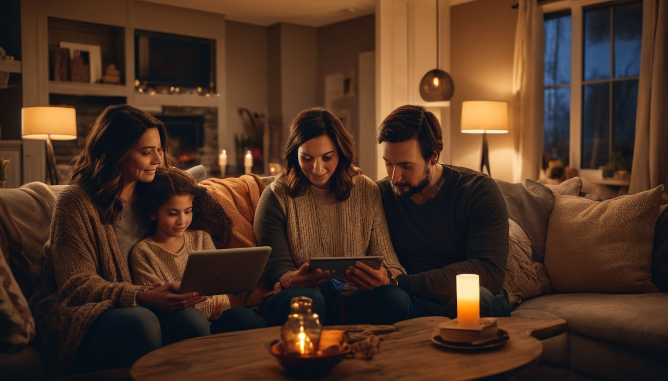 A family of four is gathered on a couch, each member holding a tablet, surrounded by a warm and cozy living room ambiance.