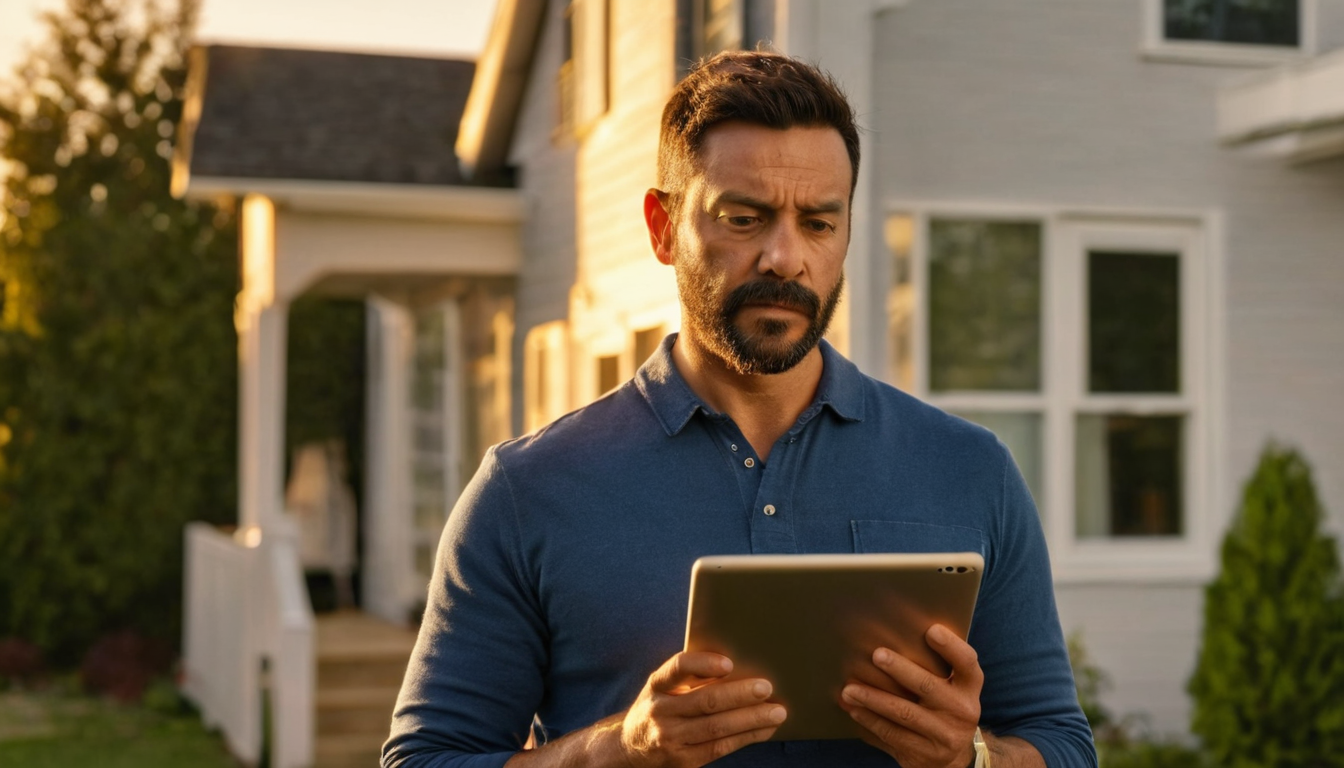 A man stands in front of a house, holding a tablet and looking at the camera with a serious expression.