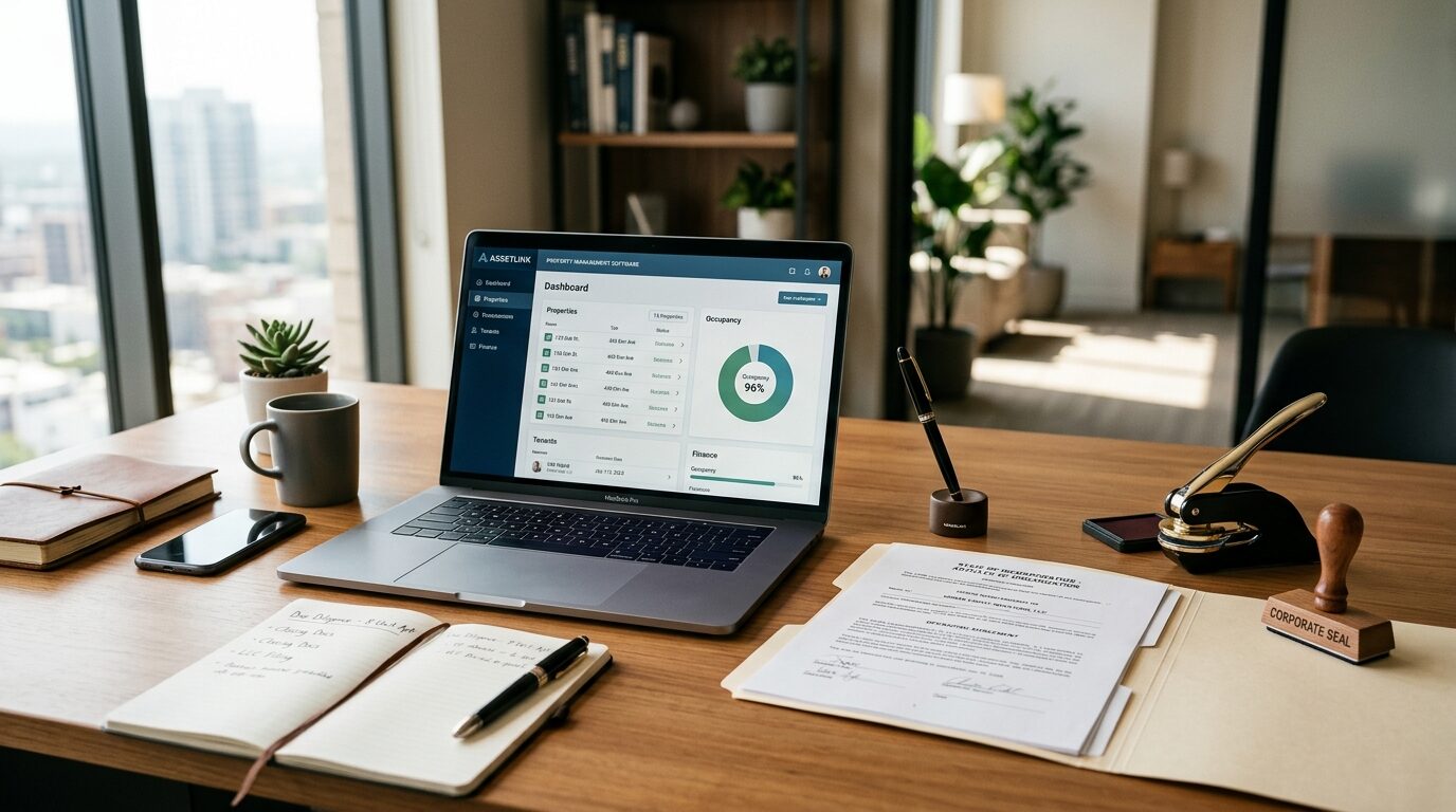 A laptop sits on a desk in a modern office, displaying a software dashboard for property management software.