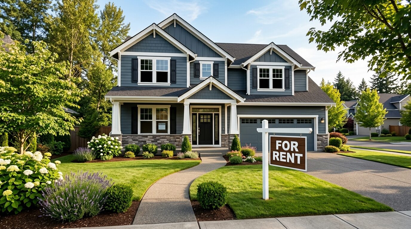 A two-story house with a "For Rent" sign in front of it, surrounded by a well-manicured lawn and trees.