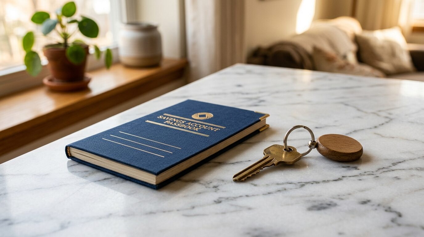 A blue savings account passbook and a set of keys sit on a white marble table in a living room.
