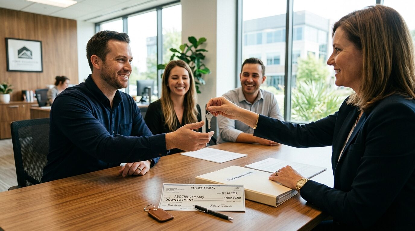 A man hands over a key to a woman at a table, surrounded by colleagues in a modern office setting.
