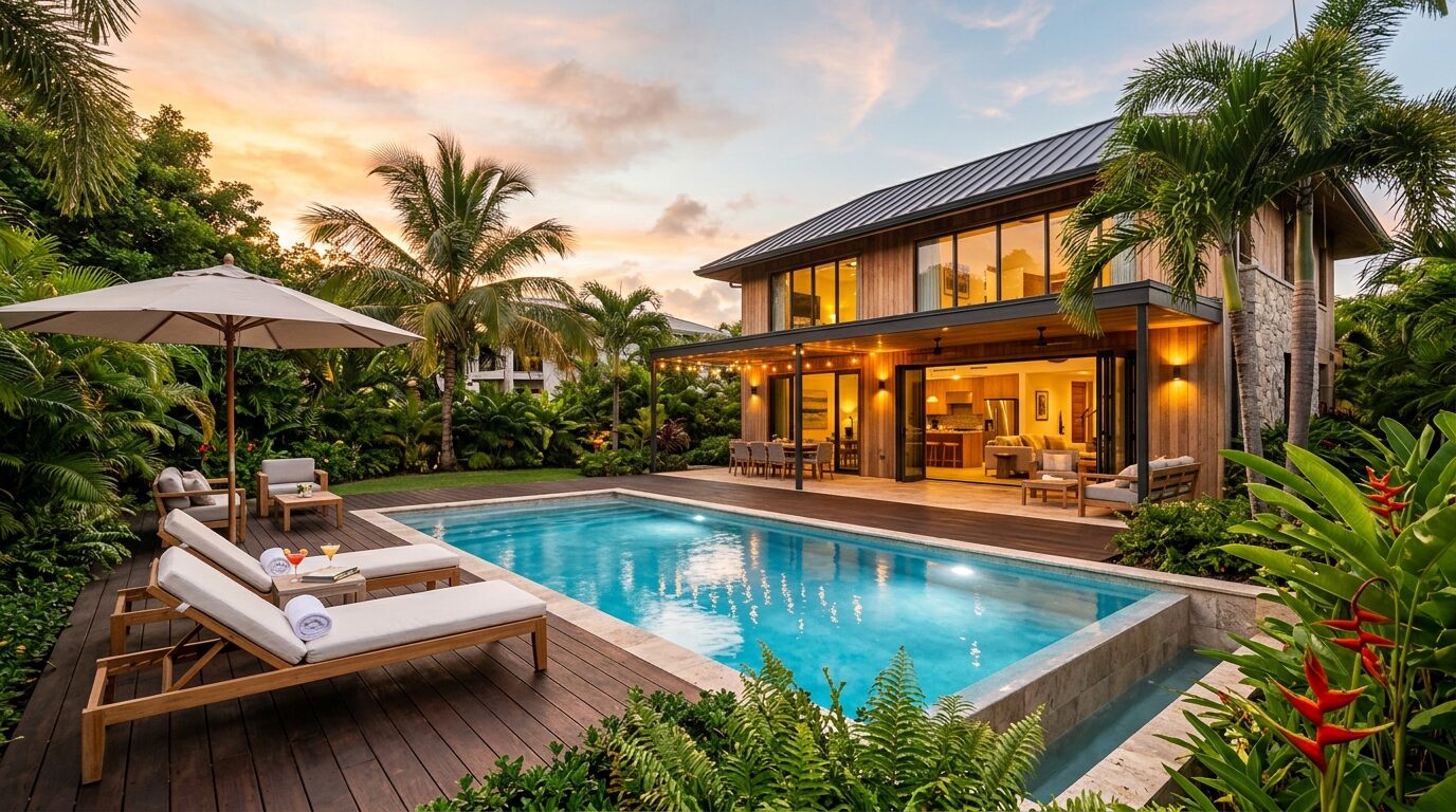 A modern, two-story house with a pool and tropical garden, ideal for a relaxing vacation.