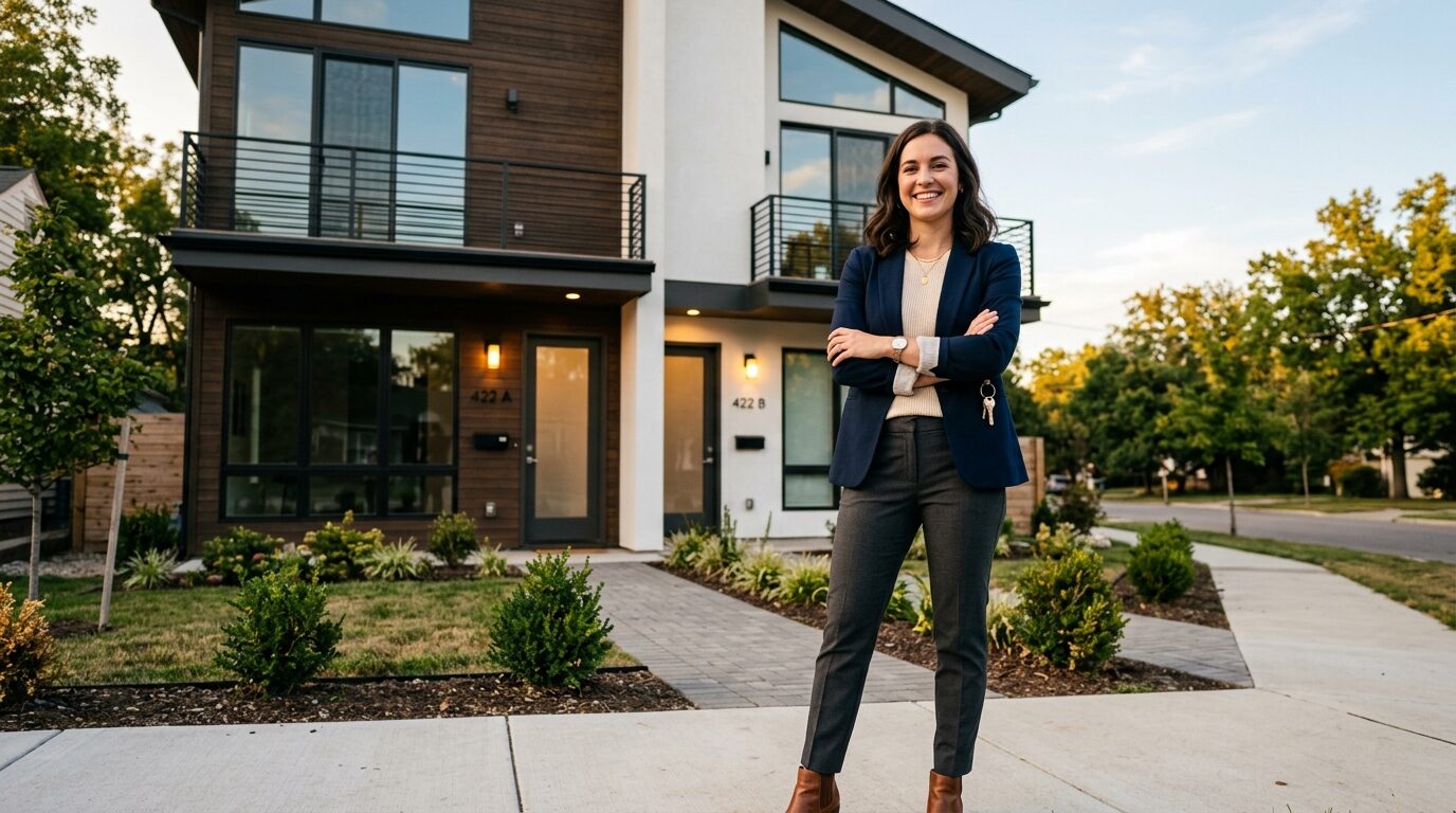 A woman stands in front of a modern, two-story house with a brown and white exterior.