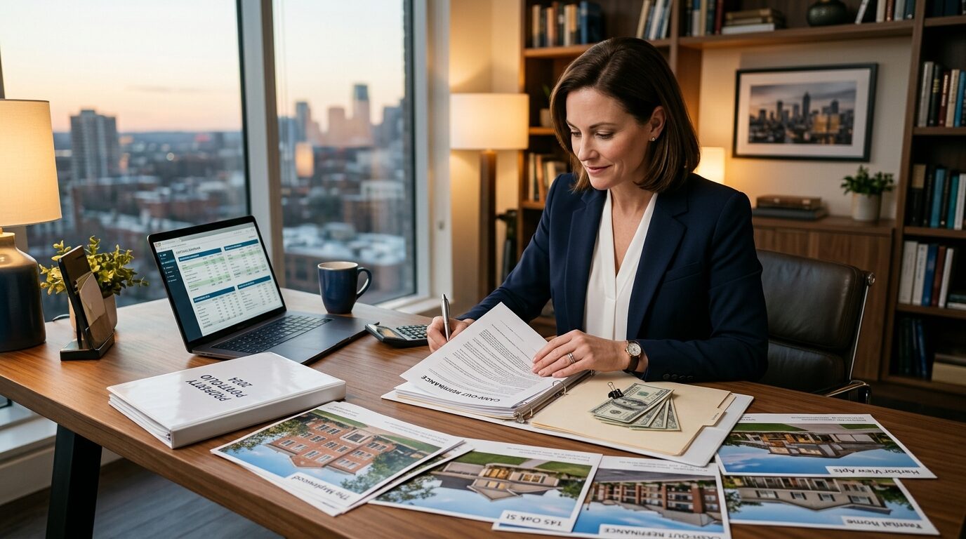 A woman in a business suit sits at a desk, surrounded by real estate documents and brochures, with a city skyline visible through the window behind her.
