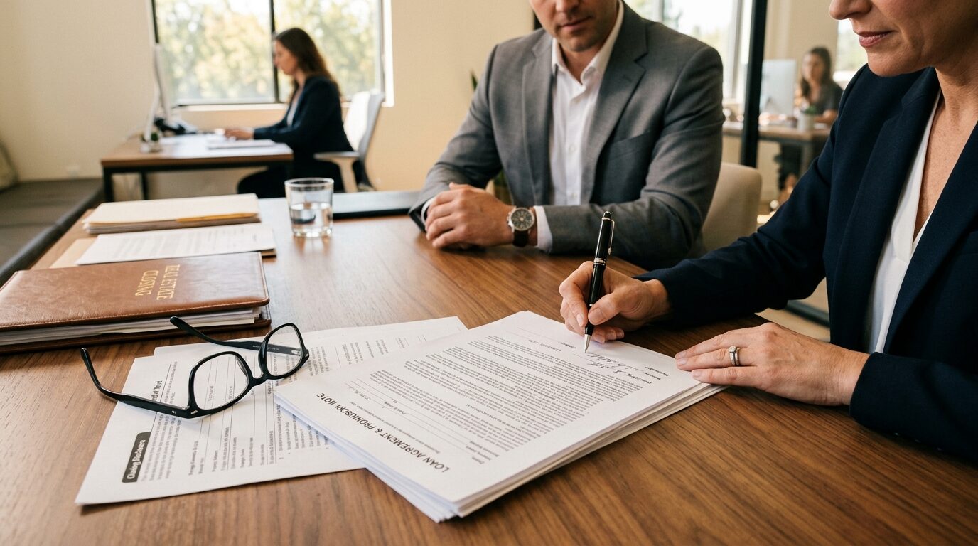 A woman in a business suit signs a document while a man in a suit sits across from her in a conference room.