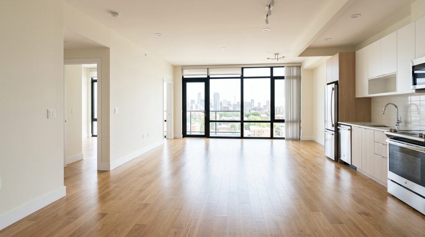 A modern, empty apartment with a city view, featuring a kitchen, living area, and large windows.