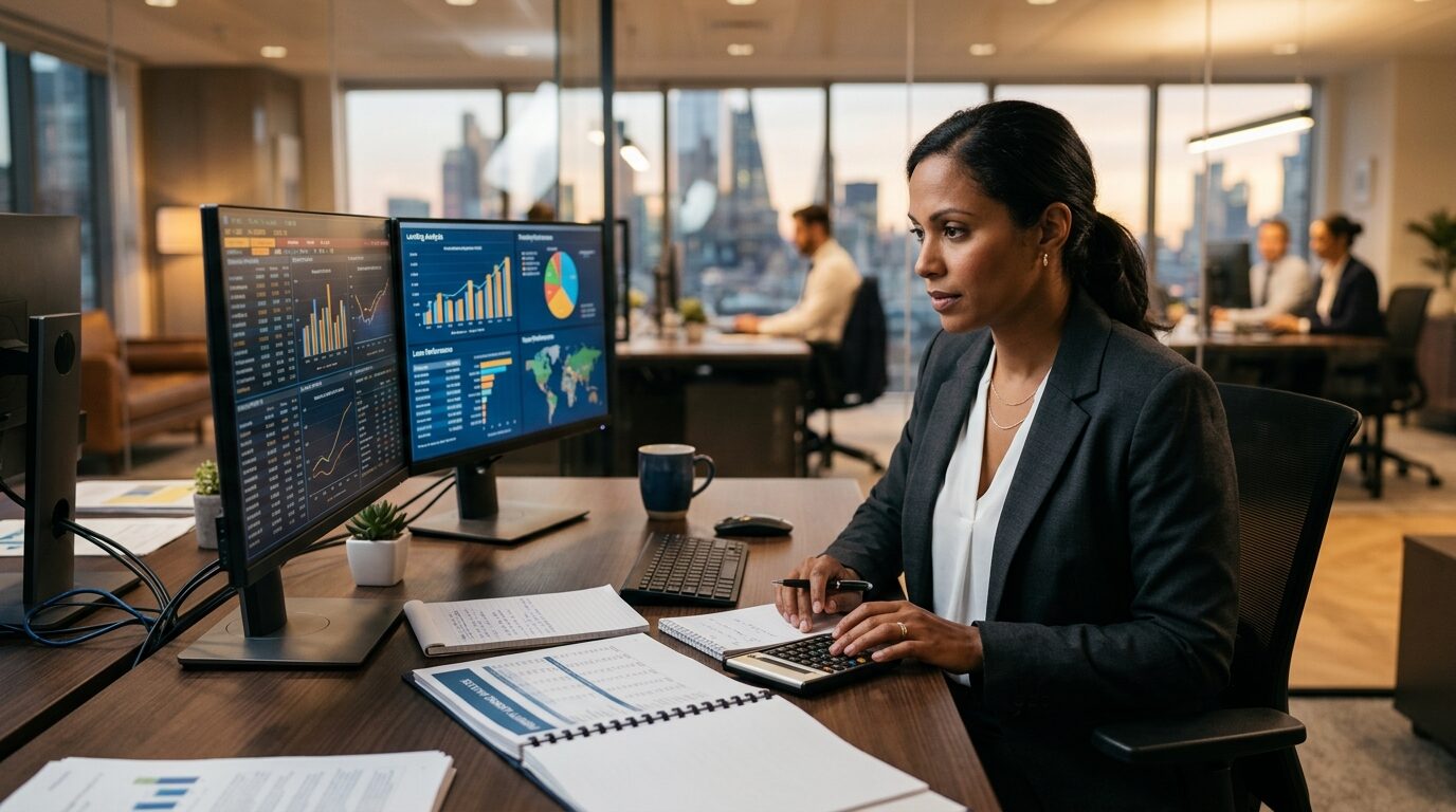 A woman in a business suit sits at a desk in an office, surrounded by multiple computer monitors displaying financial data and graphs.