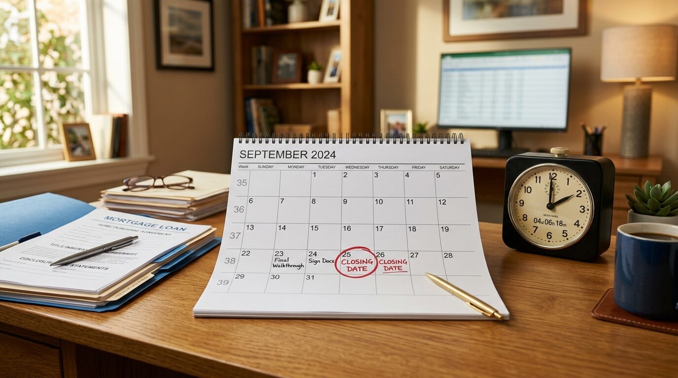 A desk in an office setting, with a calendar, papers, and a computer monitor in the background.