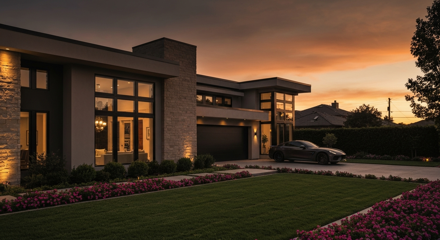 This image features a modern, two-story house with a sleek, dark-colored sports car parked in the driveway at sunset.