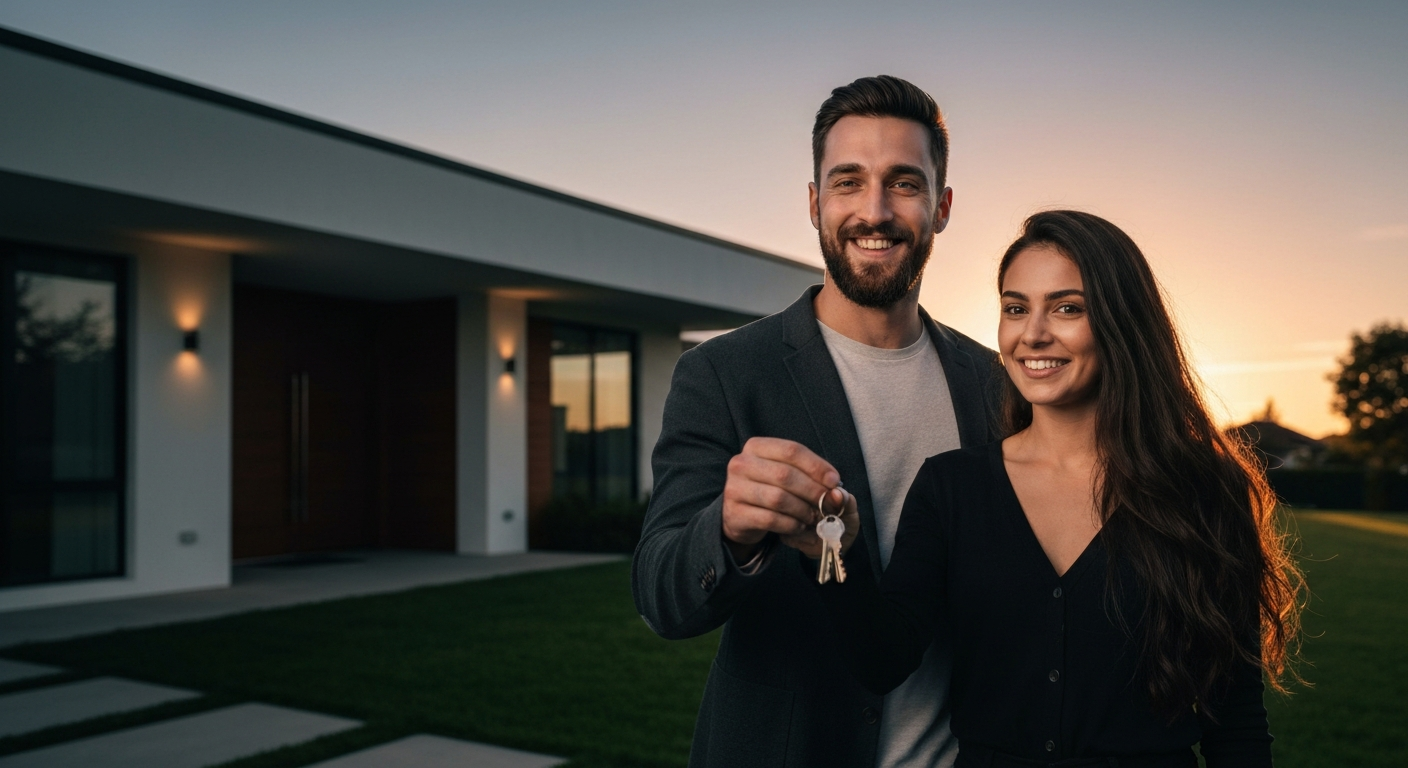 A man and woman stand in front of a house, with the man holding a set of keys, conveying a sense of accomplishment and new beginnings.
