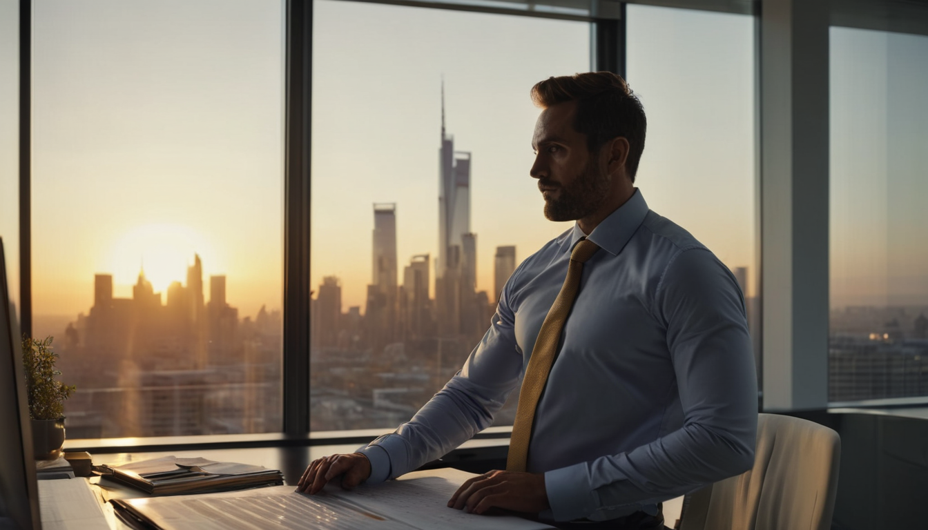 A man in a business shirt and tie sits at a desk in an office with a city skyline view, surrounded by a computer monitor, papers, and a plant.