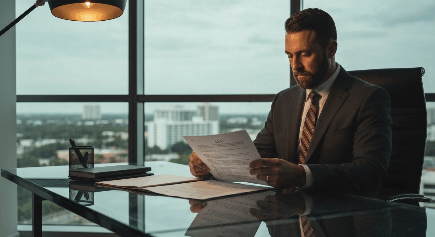 A suited man sits at a desk, reviewing a document in an office with a city view.