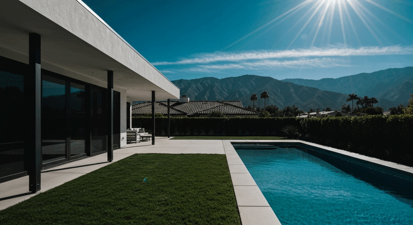 This image features a modern, single-story house with a pool and a view of the surrounding mountains.