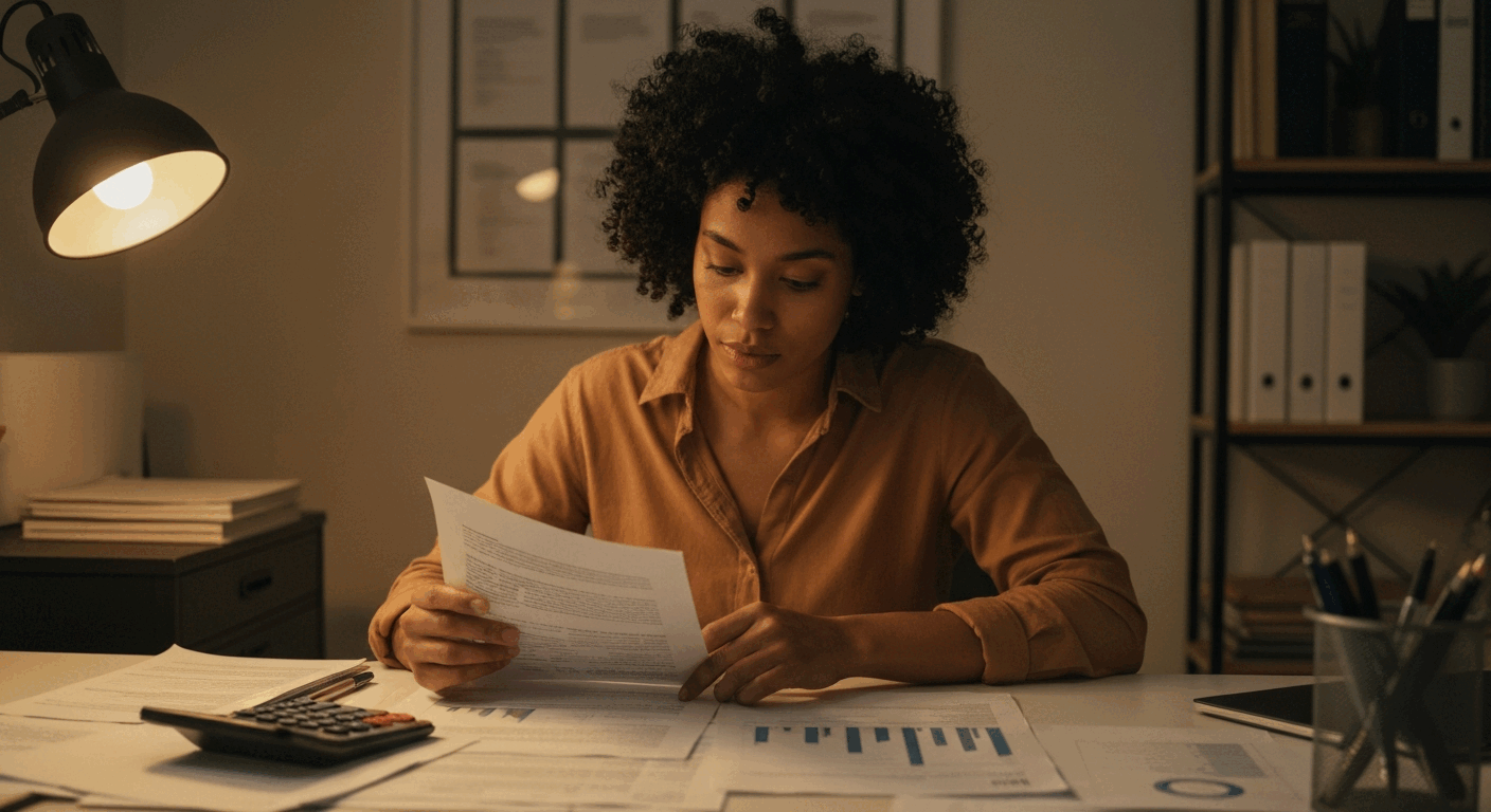 A woman sits at a desk, surrounded by papers and a calculator, intently reviewing a document in a dimly lit office.