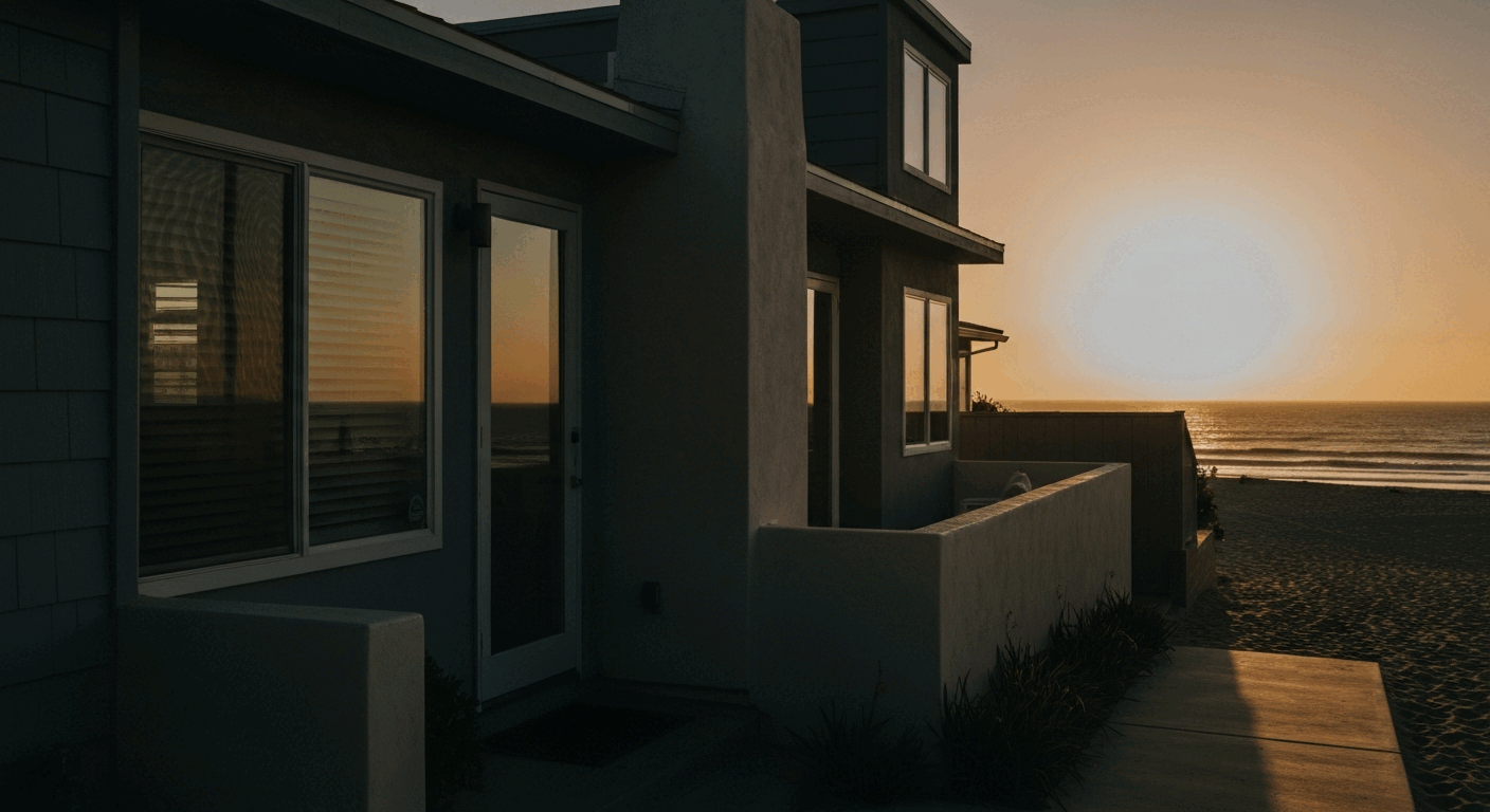 A row of beachfront houses is set against a vibrant sunset sky, with the sun's warm light casting a golden glow on the scene.
