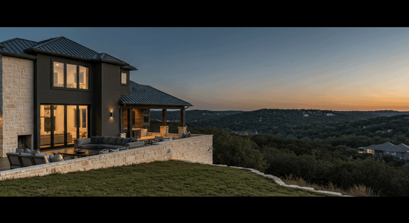 This image features a modern, two-story house with a large deck and a stunning view of the surrounding landscape.