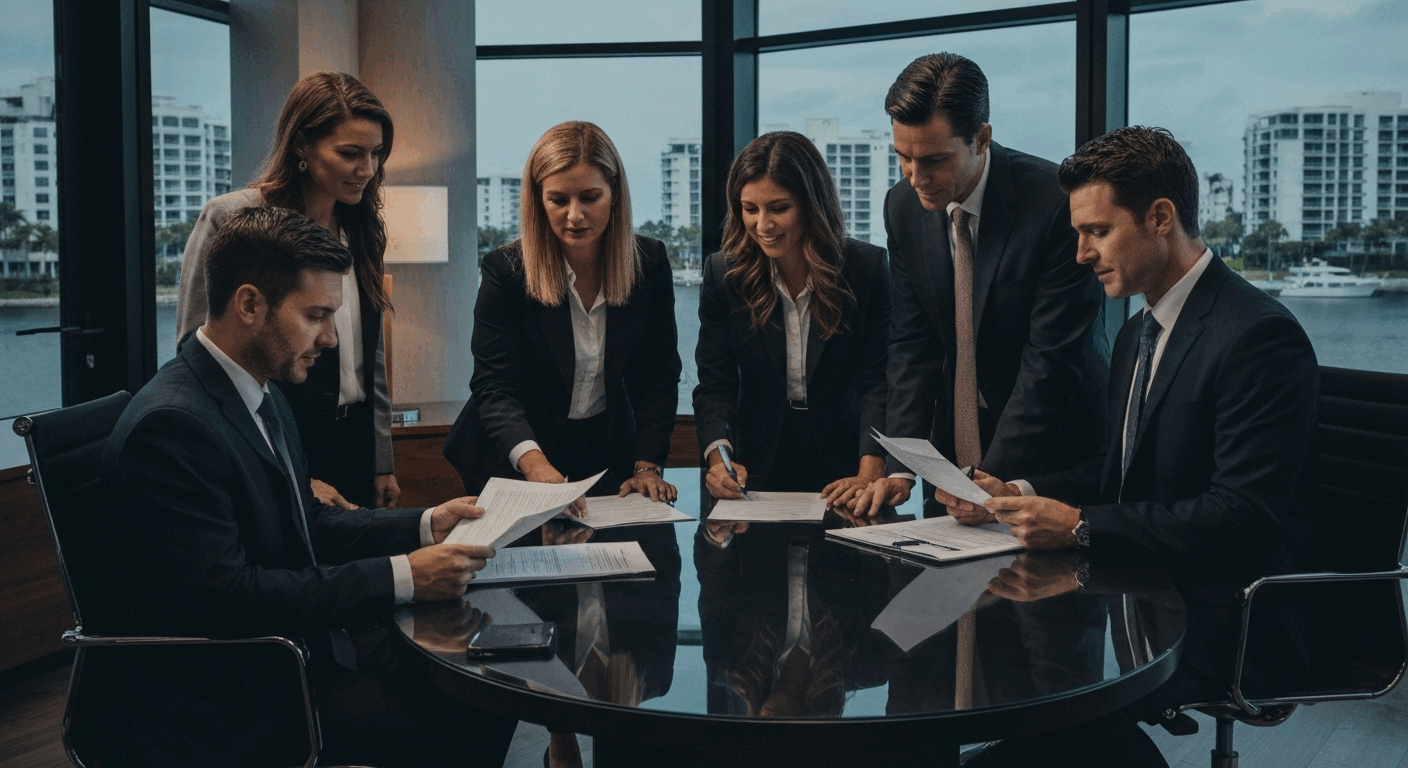 A group of business professionals in formal attire are gathered around a conference table, reviewing documents and discussing business strategies.