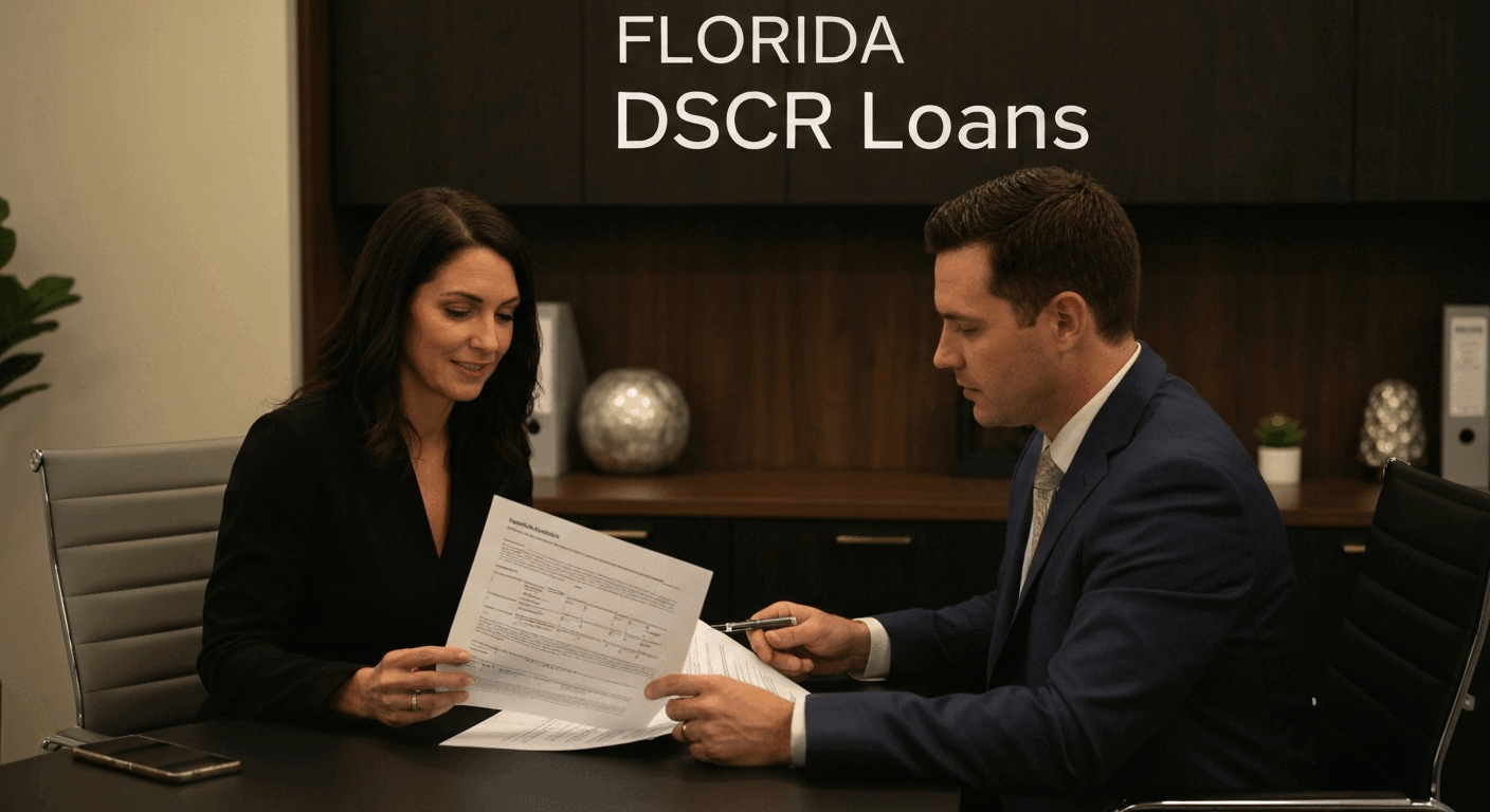 A man and woman in business attire sit at a table, reviewing documents, with the words "Florida DSCR Loans" written above them.