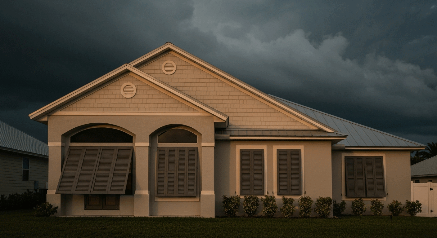 A house with closed shutters and a dark, stormy sky in the background.