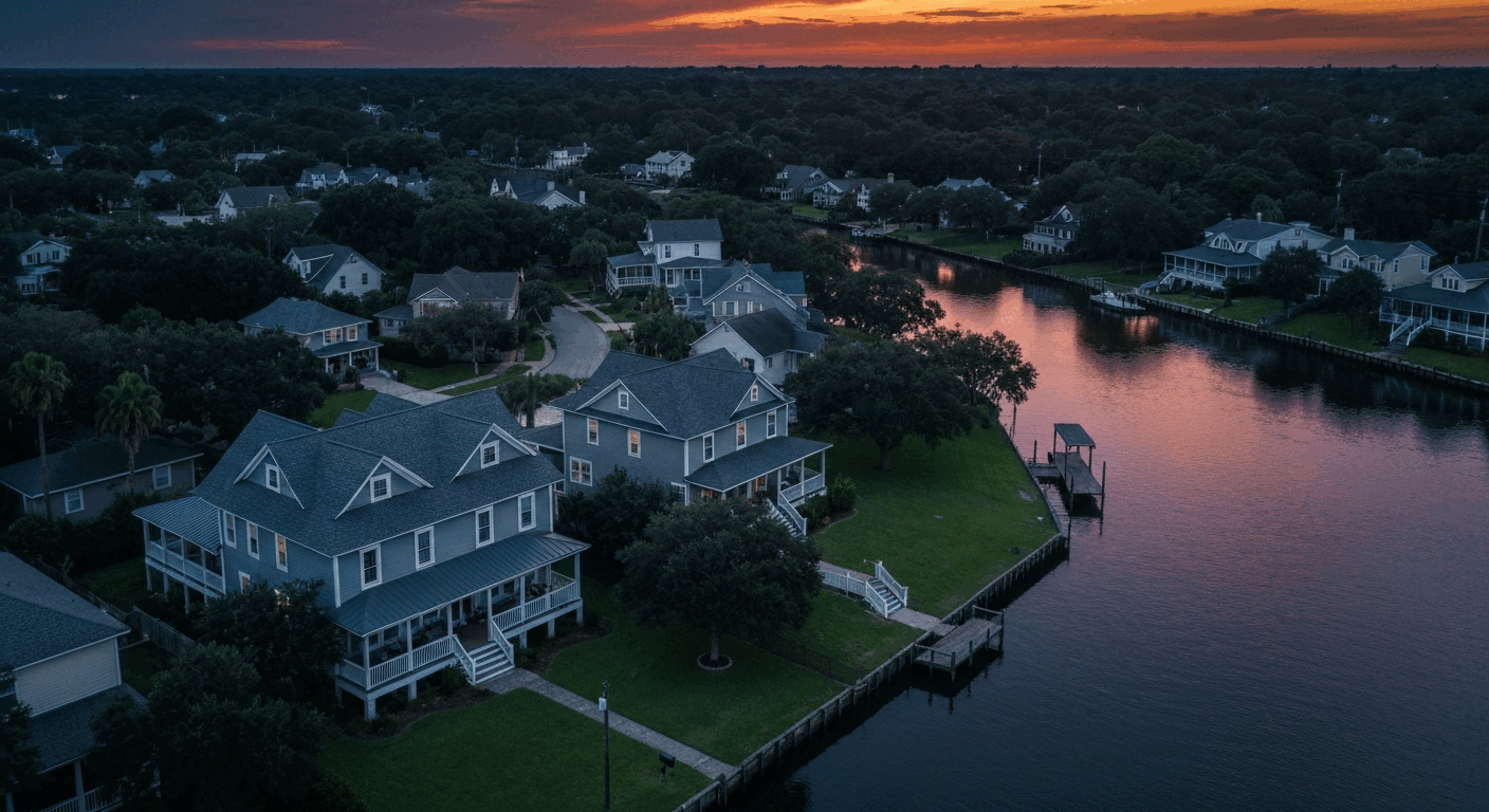 Aerial view of a neighborhood with houses and a canal at sunset.