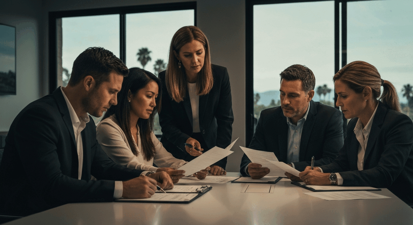 A group of six professionals, three men and three women, are gathered around a table, intently reviewing documents and discussing business matters.