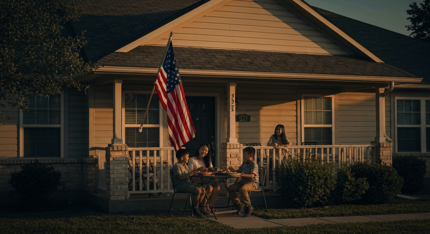 A family of five is enjoying a meal together on the porch of their house, with an American flag flying in the background.