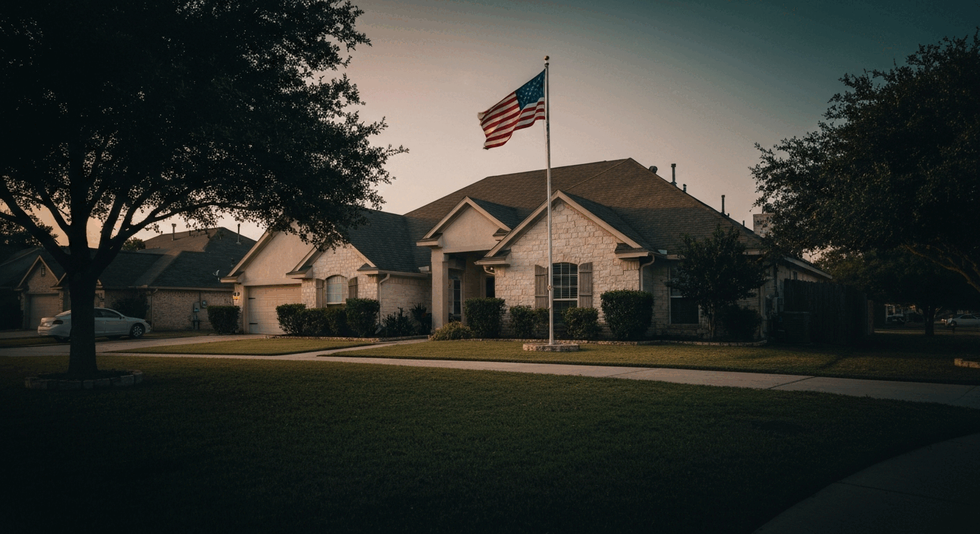 A large, single-story house with a stone exterior and American flag flying in front, set in a well-manicured neighborhood.