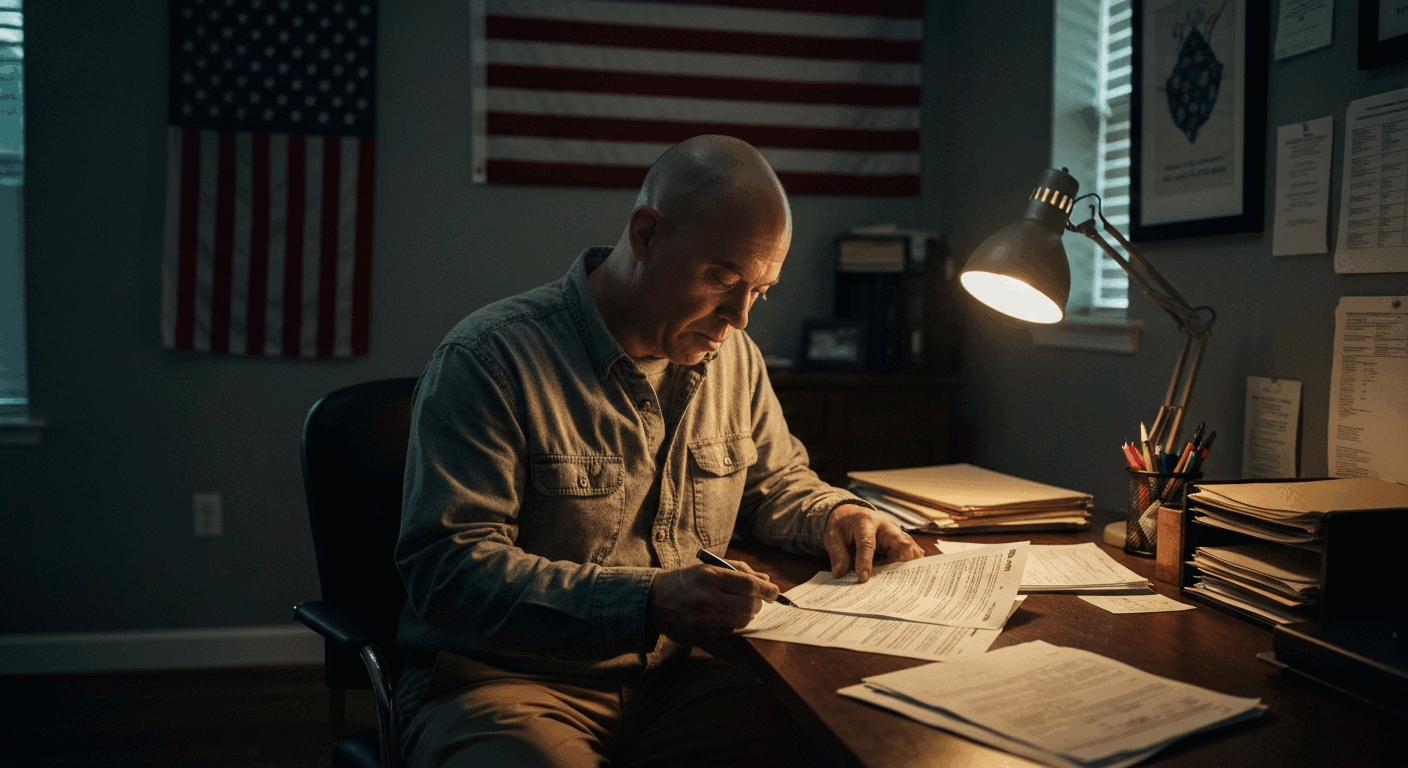 A man sits at a desk, surrounded by papers and documents, in a dimly lit room with an American flag on the wall.