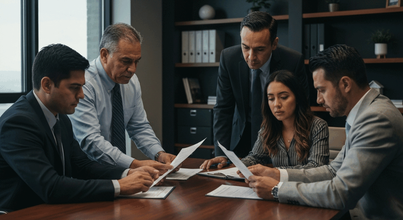 A group of business professionals are gathered around a table, intently reviewing documents together.