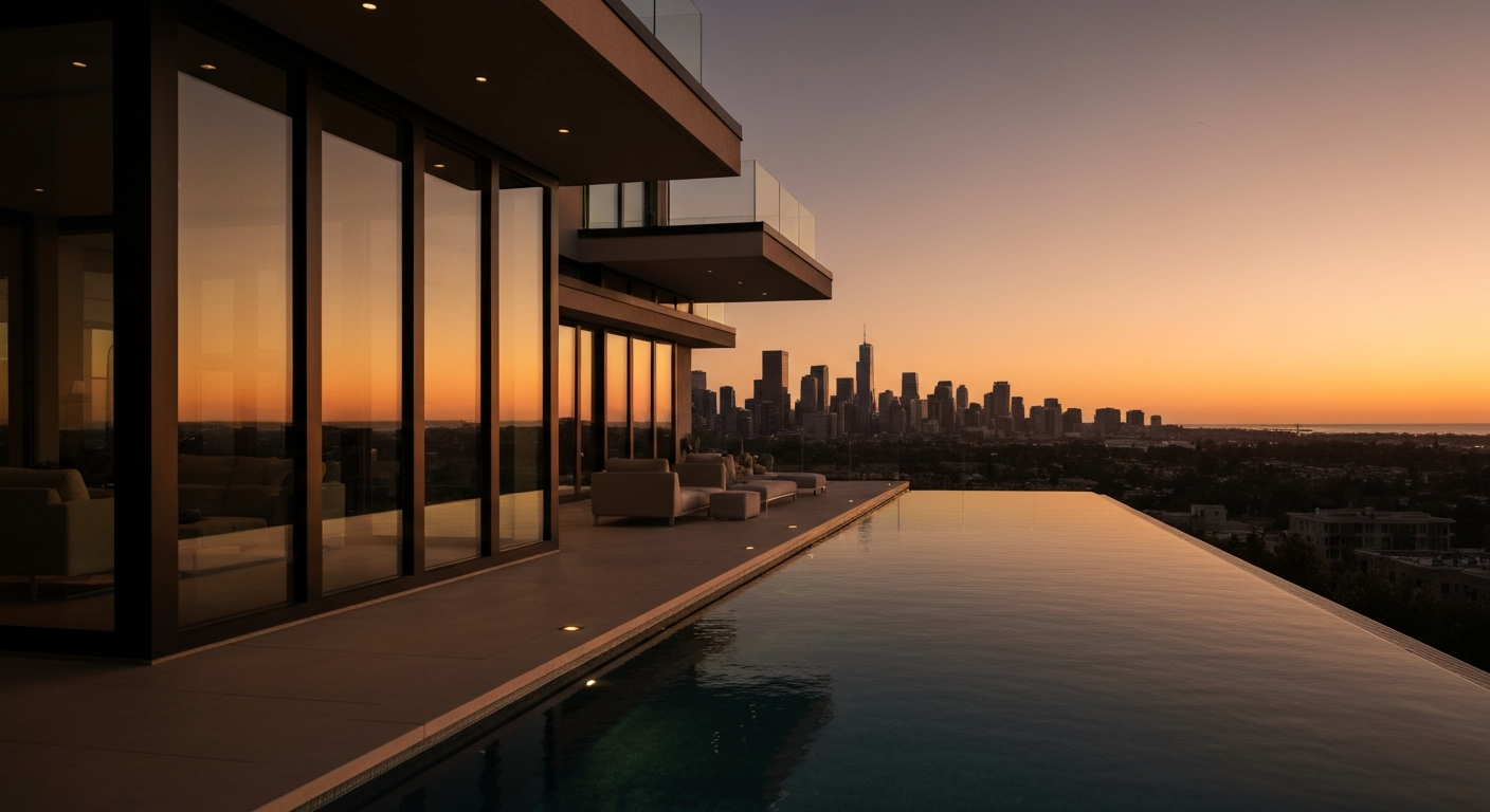 A modern, high-rise building with a rooftop infinity pool overlooking a city skyline at sunset.